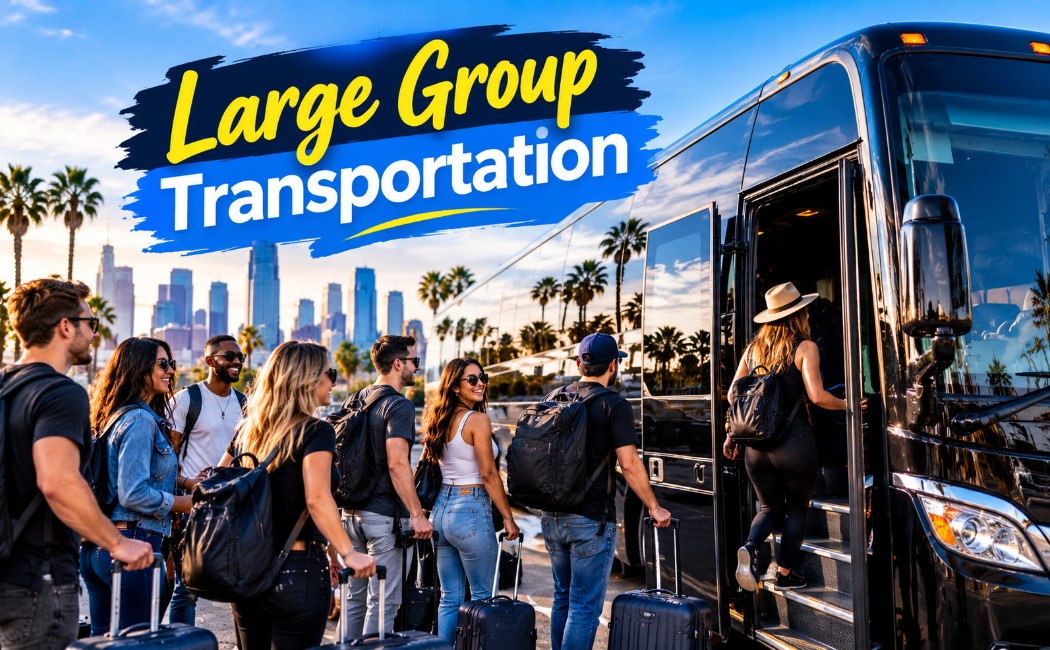 Large group transportation with luxury charter bus for corporate, family, and event travel in Los Angeles