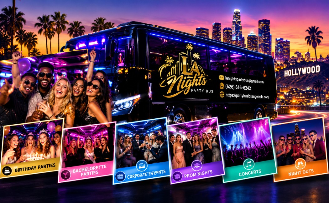Luxury party bus in Los Angeles for birthdays, bachelor and bachelorette parties, proms, concerts, corporate events, weddings, and nightlife