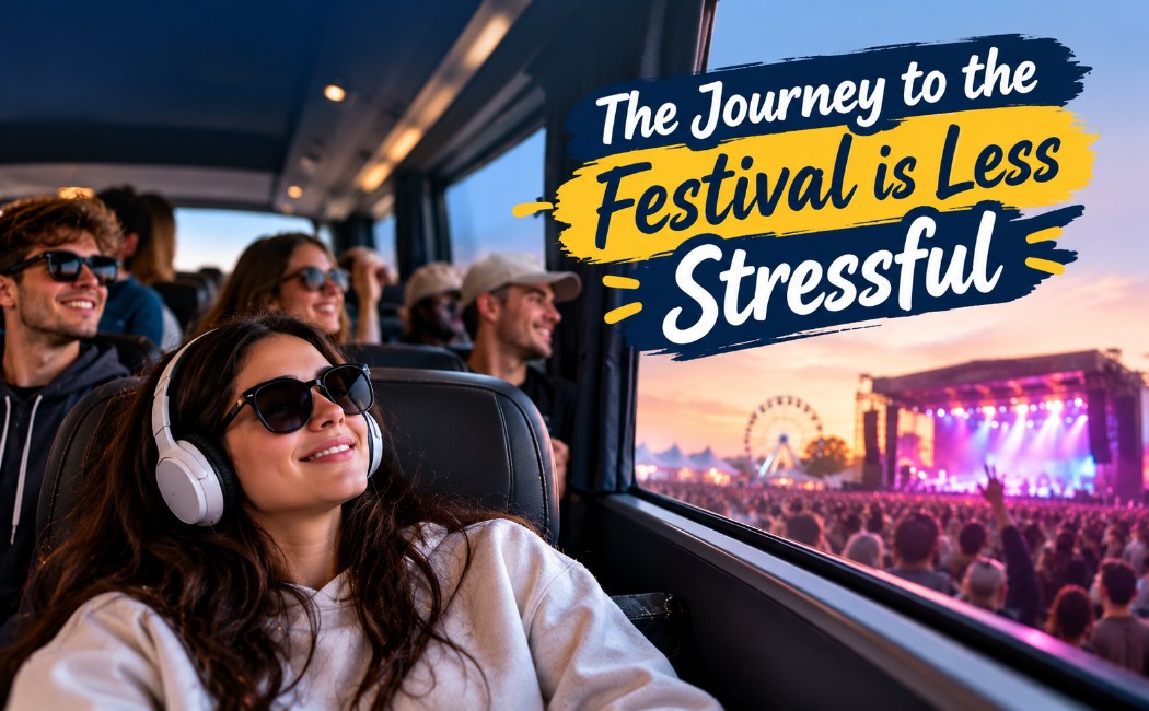 Passengers relaxing on a charter bus during a festival and concert trip