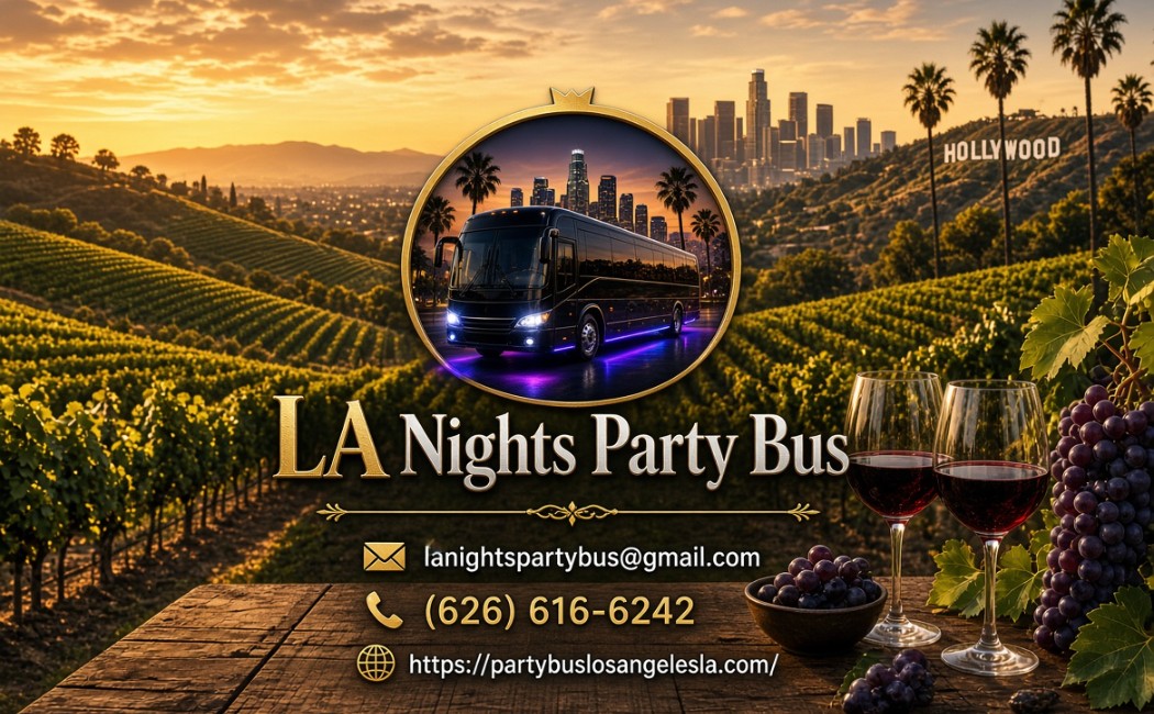 LA Nights Party Bus logo featuring a black neon-lit party bus, Los Angeles skyline at sunset, Hollywood sign and palm trees with gold and silver lettering