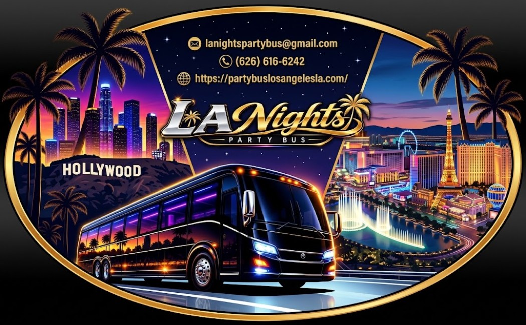 LA Nights Party Bus luxury coach traveling from the Los Angeles skyline to the Las Vegas Strip at night - Los Angeles to Las Vegas
