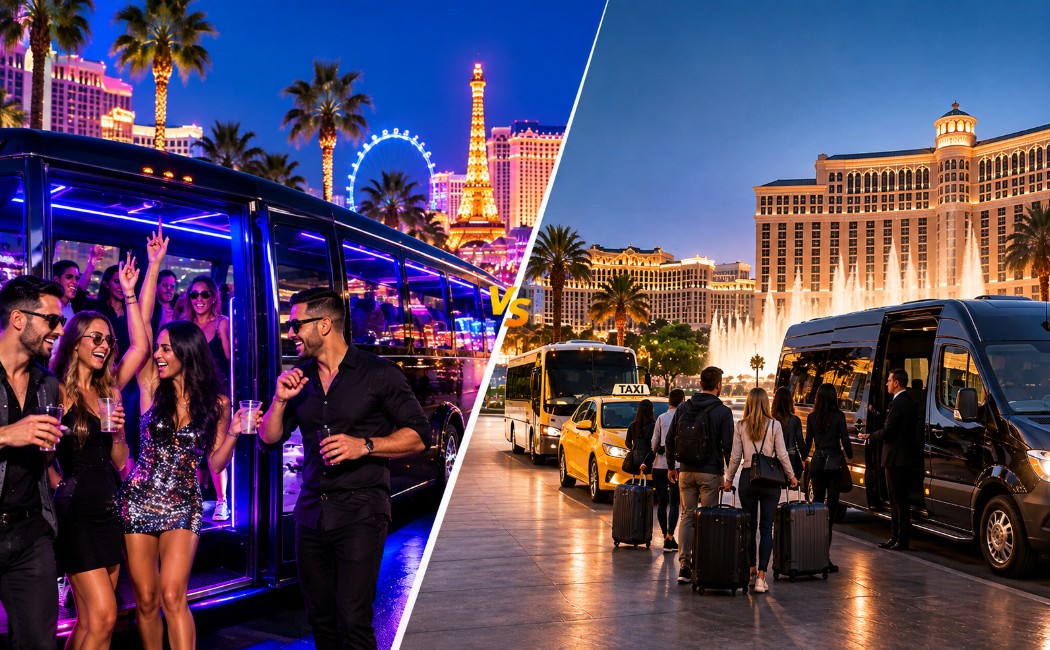 Las Vegas party bus compared with taxi and shuttle transportation - Los Angeles to Las Vegas